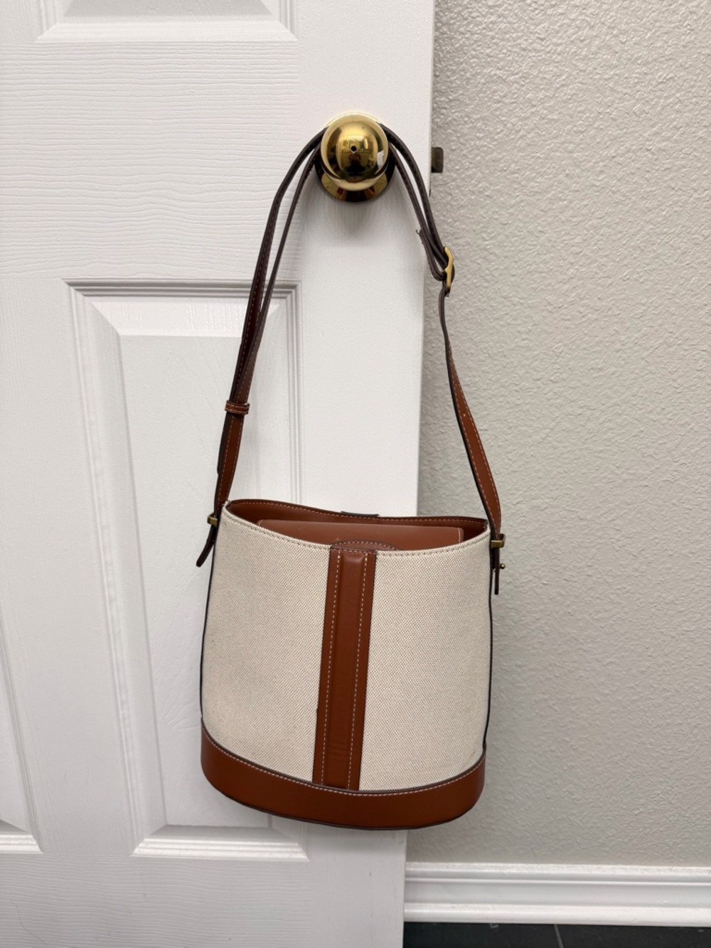 Zara Cream Canvas Bucket Shoulder Bag with Brown Trim